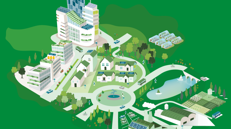 Zeichnung einer Stadt mit Hochhäusern, Einfamilienhäusern, Landwirtschaft und einer Fabrik eingebettet in eine grüne Landschaft mit Park und See.
